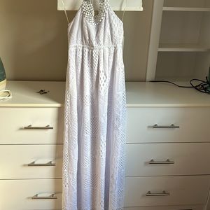 White Beaded Neck Maxi Backless party Dress